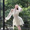 French apricot long-sleeved dress fairy summer fairy waist chiffon short skirt ruffle leaf edge cake a-word skirt