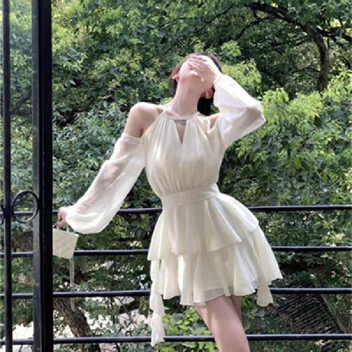 French apricot long-sleeved dress fairy summer fairy waist chiffon short skirt ruffle leaf edge cake a-word skirt