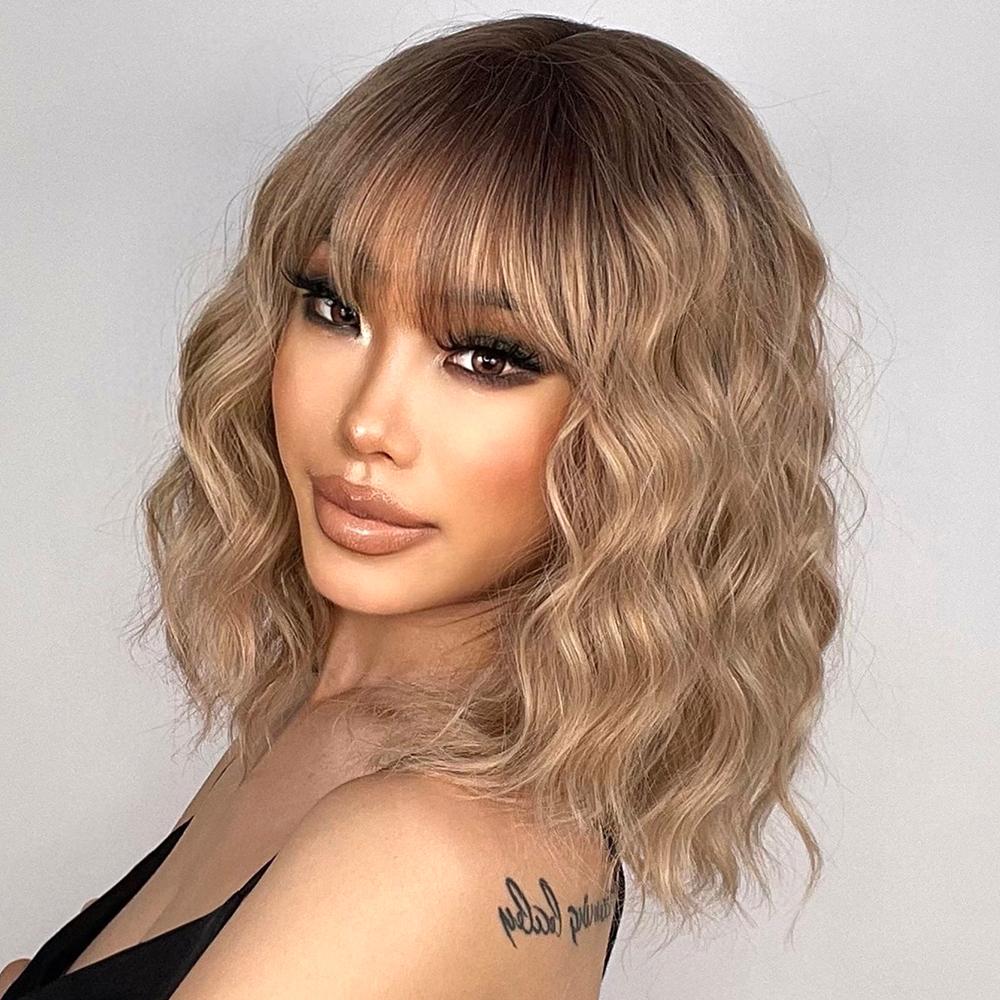 MISS WIG Short Bob Wavy Synthetic Wig For Women With Bangs Blonde Ombre Medium Wig Heat Resistant Fiber Hair Party Cosplay