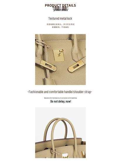 Wax Thread Lychee Grain Cowhide Leather Handbag with Lock Buckle - Women's Platinum Grade Purse