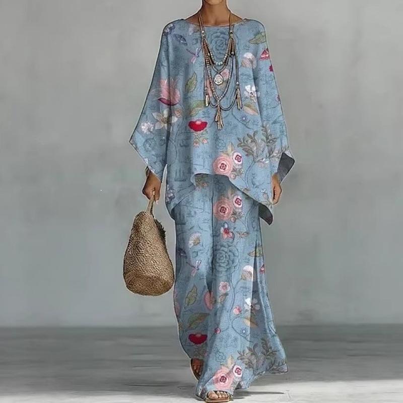 16 European and American women's clothing Y1 large size thin ethnic style dress set Bohemian casual large size jumpsuit