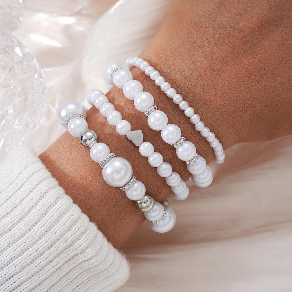 5Pcs  Pearl Beaded Bracelet Set For Women Gold Color Heart Charm Elastic Chain Bangle Female Wedding Party Jewelry