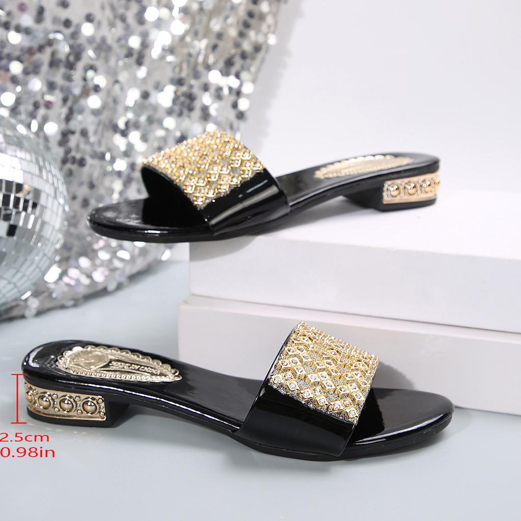 Ladies' Rhinestone Embellished Sandals - Open Summer Slippers, Casual and Formal Occasions, Fashionable Design Synthetic Leather Shoes