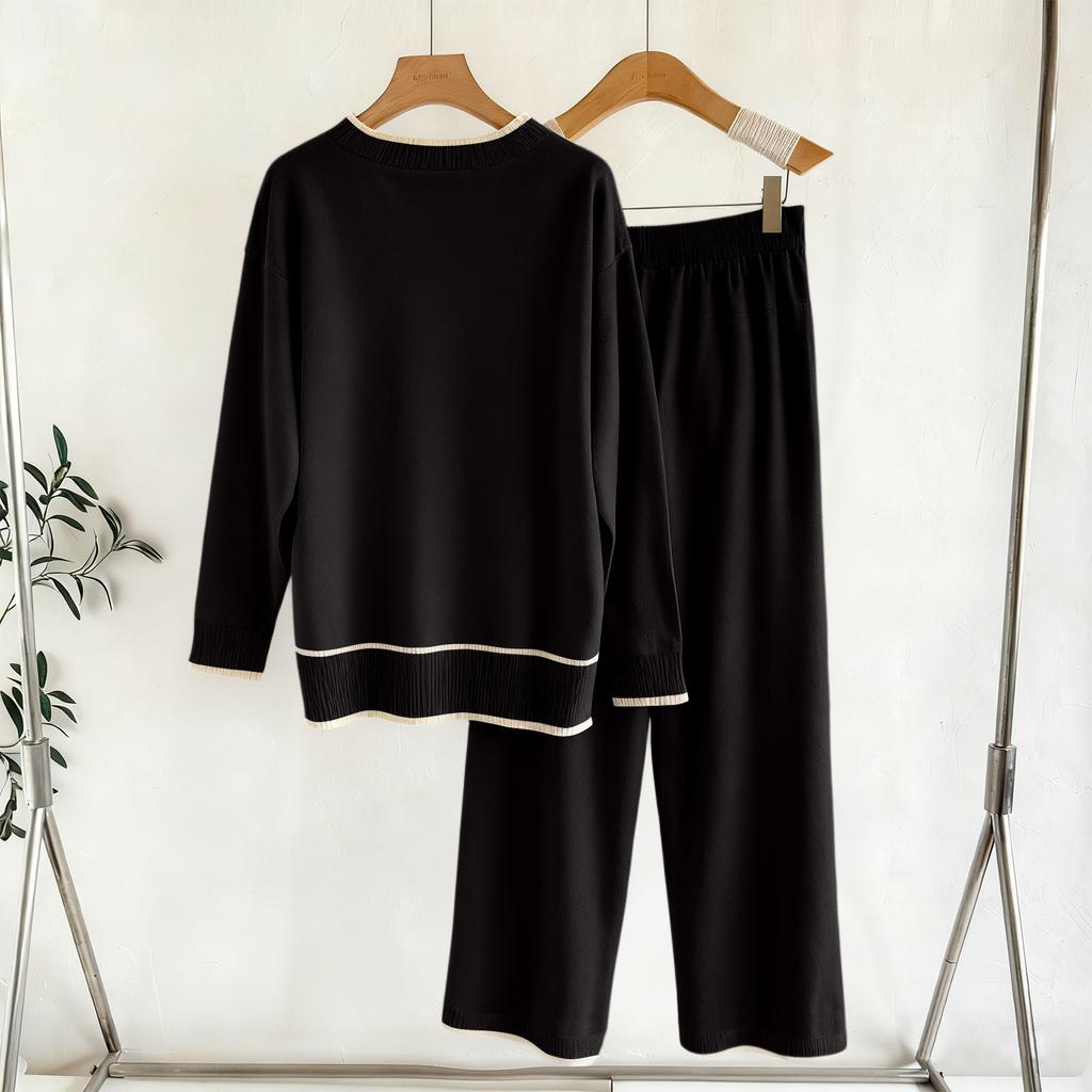 Women's Two-piece Set With Contrasting Color Edges U-shaped Collar Long Sleeved Knitted Sweater Split Wide Leg Pants