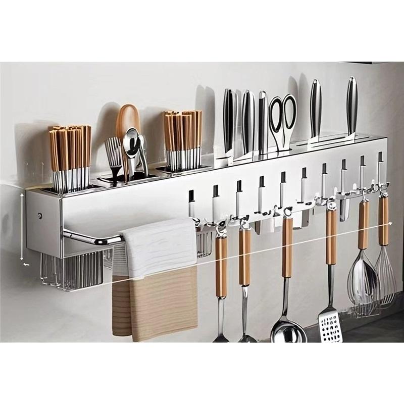 Stainless Steel Knife Holder Kitchen Knife Rack Punch Free Multifunctional Kitchen Knife Chopsticks Storage Rack Wall Mounted Knife Rack