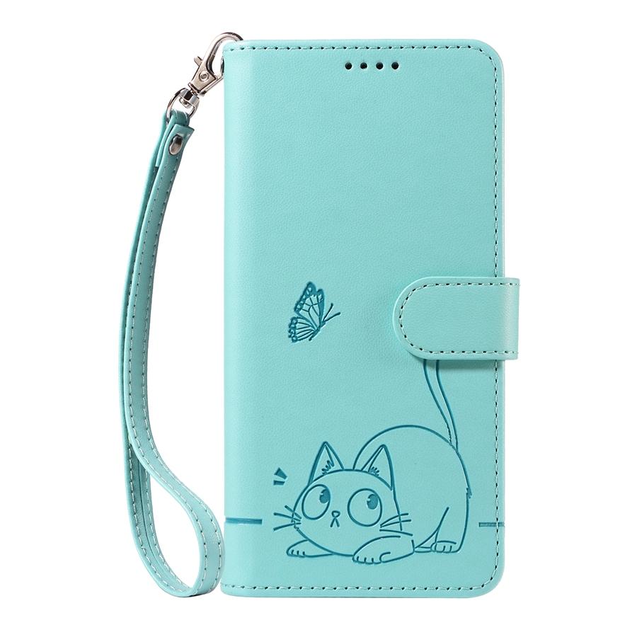 Embossed Butterfly and Cat Flip Case with 3 Card Slots and Stand for iPhone/Samsung/Xiaomi Redmi PU Leather Phone Wallet Case with Hand Strap