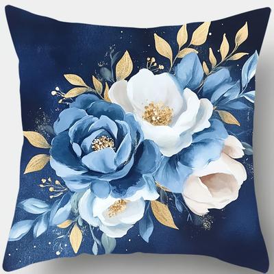 Dunkelblaues Blumenmuster Heimdekor Kissenbezug Wohnzimmer Sofa Polyester Kissenbezug mit Reißverschluss