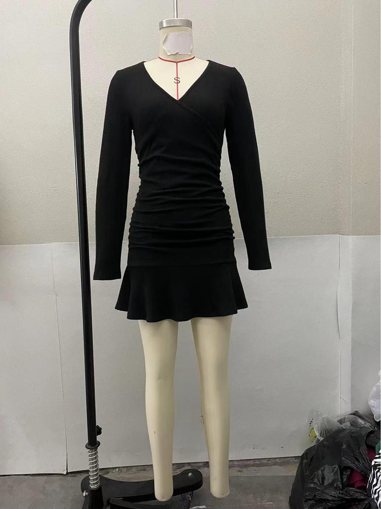 Autumn Slimming French V-Neck Black Bodycon Dress for Women