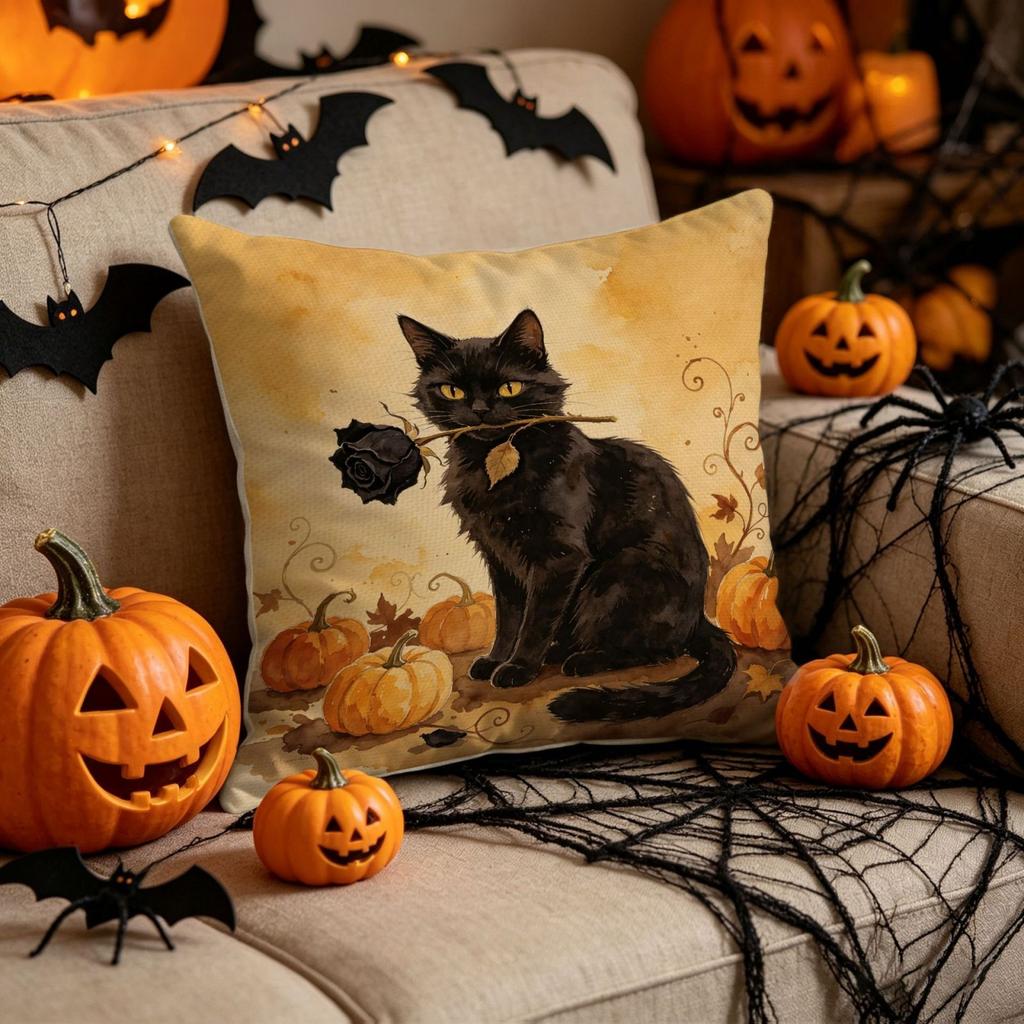 Halloween Spooky Linen Pillow Cover 1pc Indoor Decorative Sofa Cushion Cover with Pumpkin and Cat Design for Home Decoration