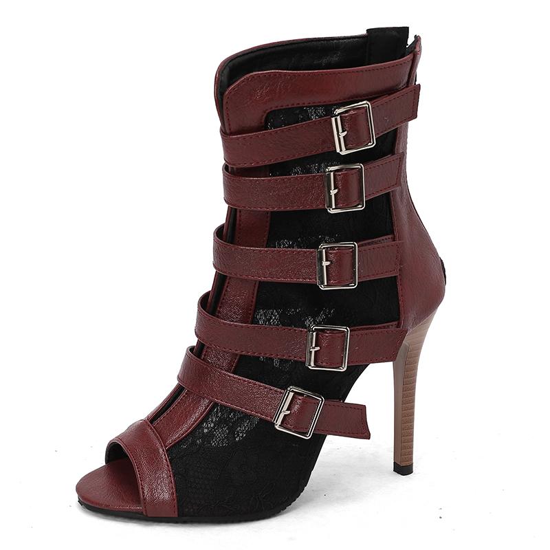 Fashion Peep Toe Summer Shoes Woman Sandals Hollow Lace mesh Gladiator Ankle Boots Zip Thin High Heels Jazz Dance Shoes Female Size34-48