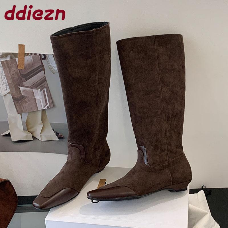 Fashion New Fashion Flock Women Knee High Western Boots With Low Heel Female Slip On Footwear Pointed Toe Ladies Long Booties Shoes