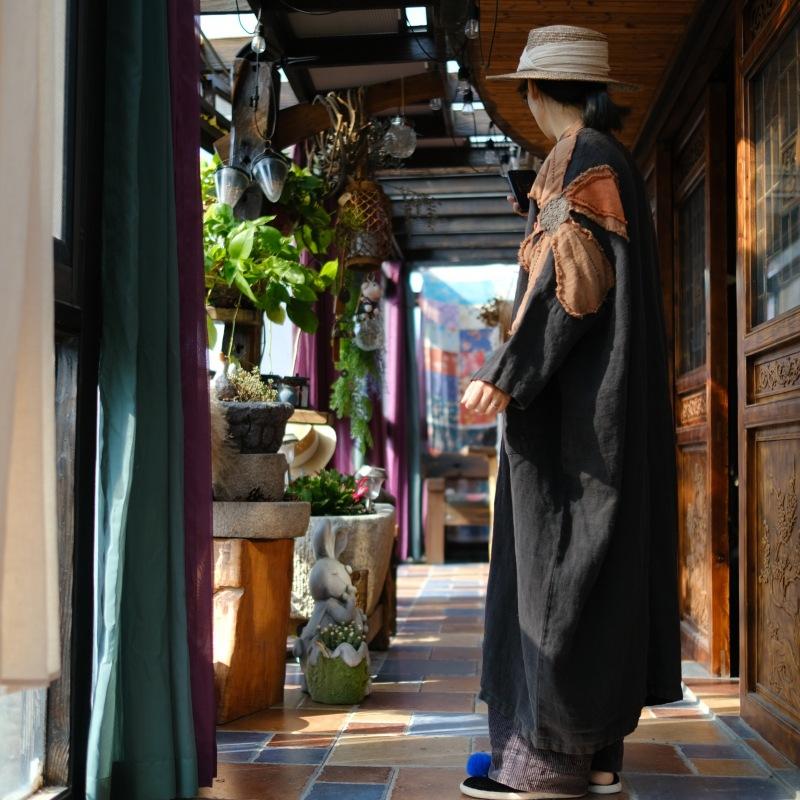 Johnature Kobiety Vintage Patchwork Kwiatowy Trencz Jednolity Kolor Lniane Płaszcze Jesień Długi Rękaw Styl Chiński Długi Trencz