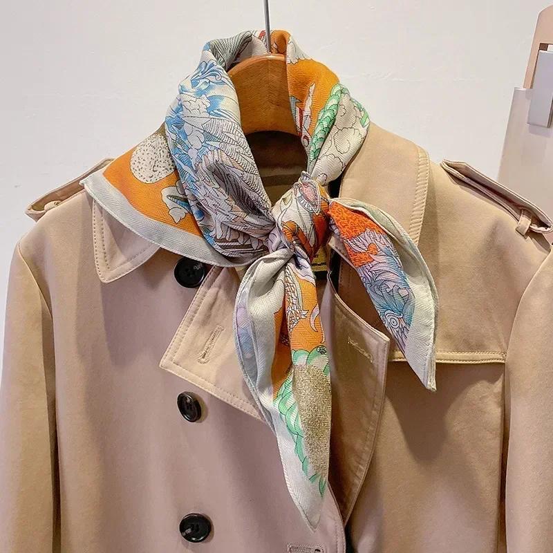 2024 Luxury Animals Floral Print 70cm Cotton Velvet Square Scarf for Women Soft Neckerchief Lady Hijab Neck Tie Hair Headbands