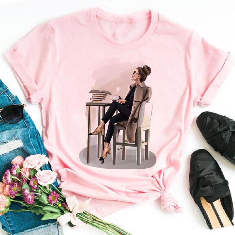 Summer Fashion Coffee Girl Urban Base Shirt Round Neck Pure Cotton Short Sleeved Women's T-Shirts Women’s