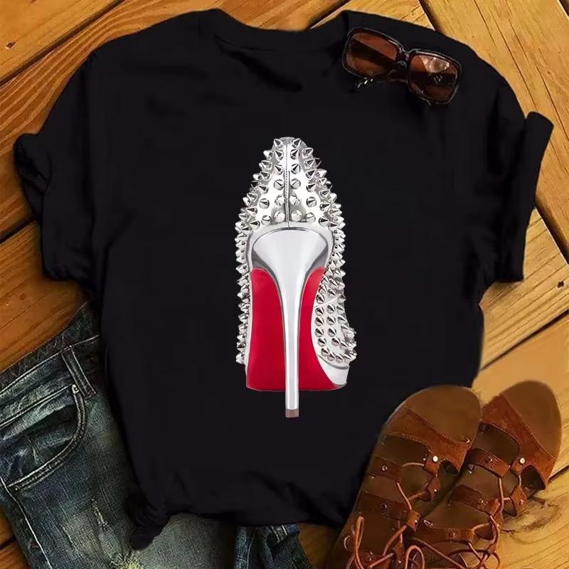 

Maycaur Summer Women Tshirt New Fashion High Heels Printed Short Sleeve Tops Casual TShirts Womens Clothes FeUnisex Shirts S