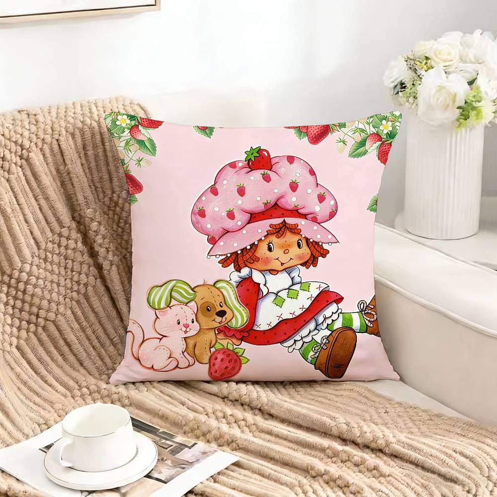 Cute S-Strawberry S-Shortcake-Girl Square Double-Sided Printed Pillow Case Bedroom Bedside Pillow Sofa Cushion Cover
