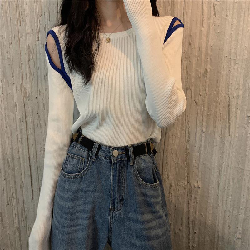 Knitwear Women's Fall New Model with A Bottom Sweater Sweater Off-shoulder Long Sleeve Short Student Clothes Female