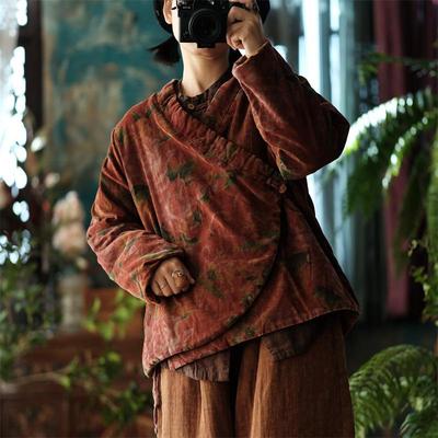 Women Chinese Style Plus Cotton Winter Parkas Print Floral V-Neck Long Sleeve Single Button Coats Vintage Parkas