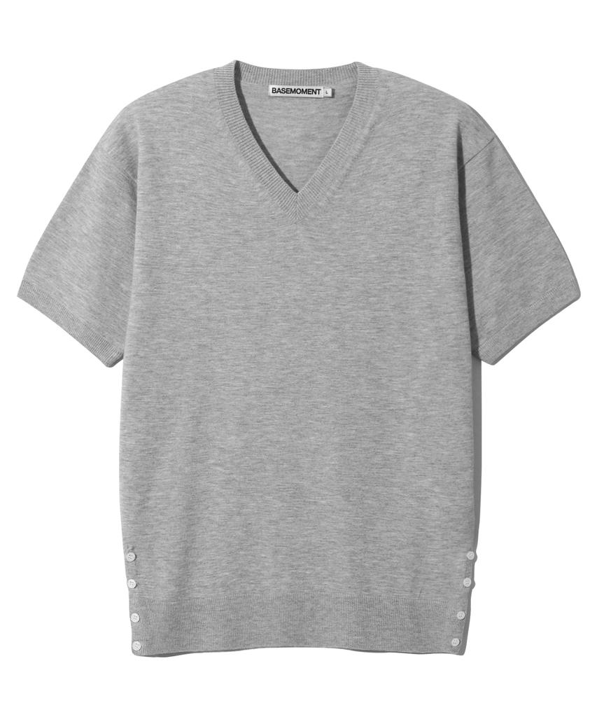 BASEMOMENT Side Slit V-Neck Half Knit Melange Gray