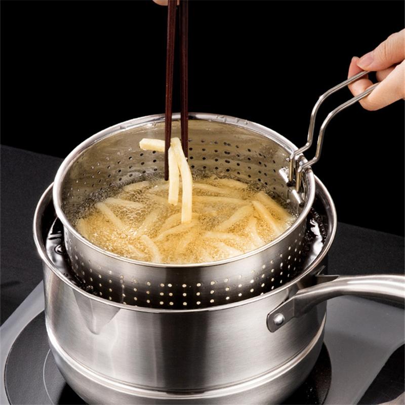 Stainless Steel Foldable Handle Frying Basket Kitchen Handheld Colander Noodles French Fries Sieve Oil Strainer Cooking Tools