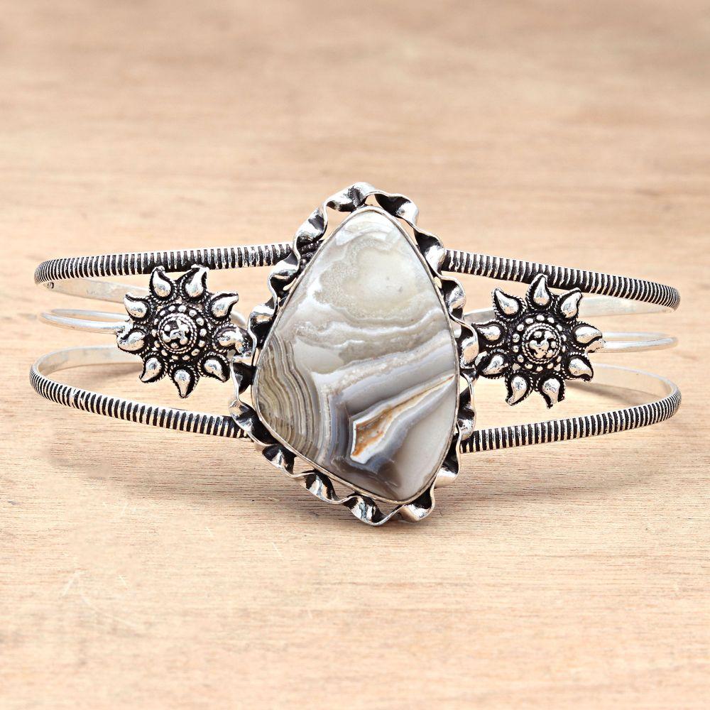 Crazy Lace Agate Gemstone Handmade Silver Jewelry Cuff Bracelets 7''Adjustable