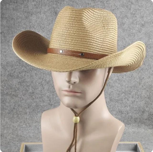

57-62CM A men s and women s wide-brimmed western cowboy hat stylish jazz hat, summer beach sun hat carrying a windbreak rope 57-58cm хаки