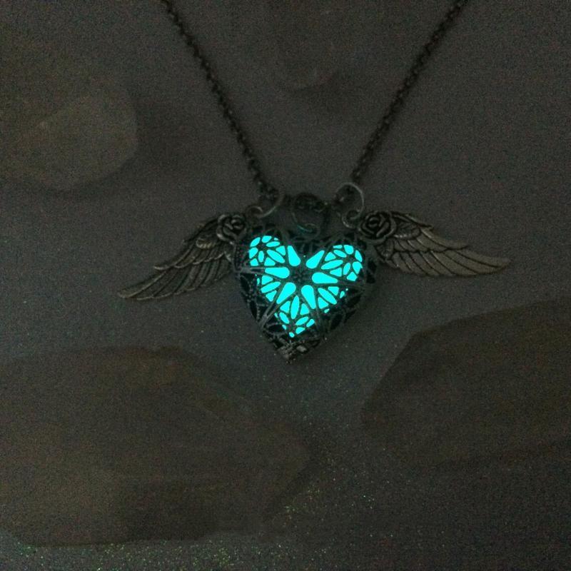 Geometry Silvery Rose Wings Hollow Heart Luminous Stone Pendant Necklace Trendy Versatile Personalized Jewelry Gift