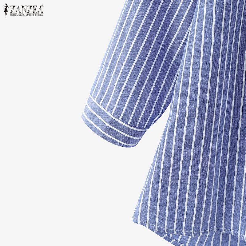 ZANZEA Women Casual Round Neck 3/4 Sleeve Loose Stripe Blouse