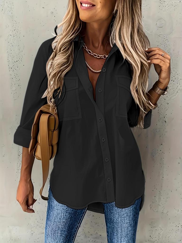 Summer Button Front Long Sleeve Shirt Casual Solid Office Shirt With Collar Loose Shirt White Tops Office Lady Blouses