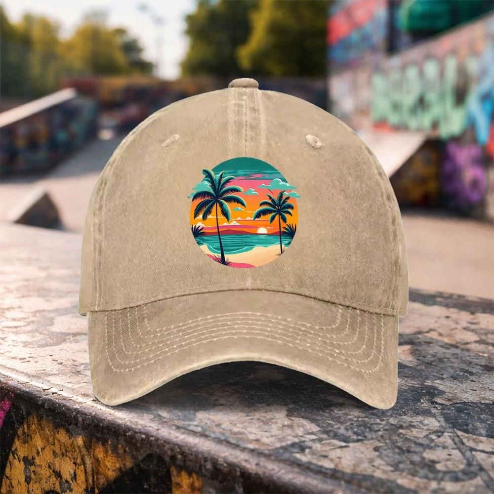 Tropical Sunset Palm Tree Baseball Cap Distressed Washed Cotton Adjustable Outdoor Beach Cap