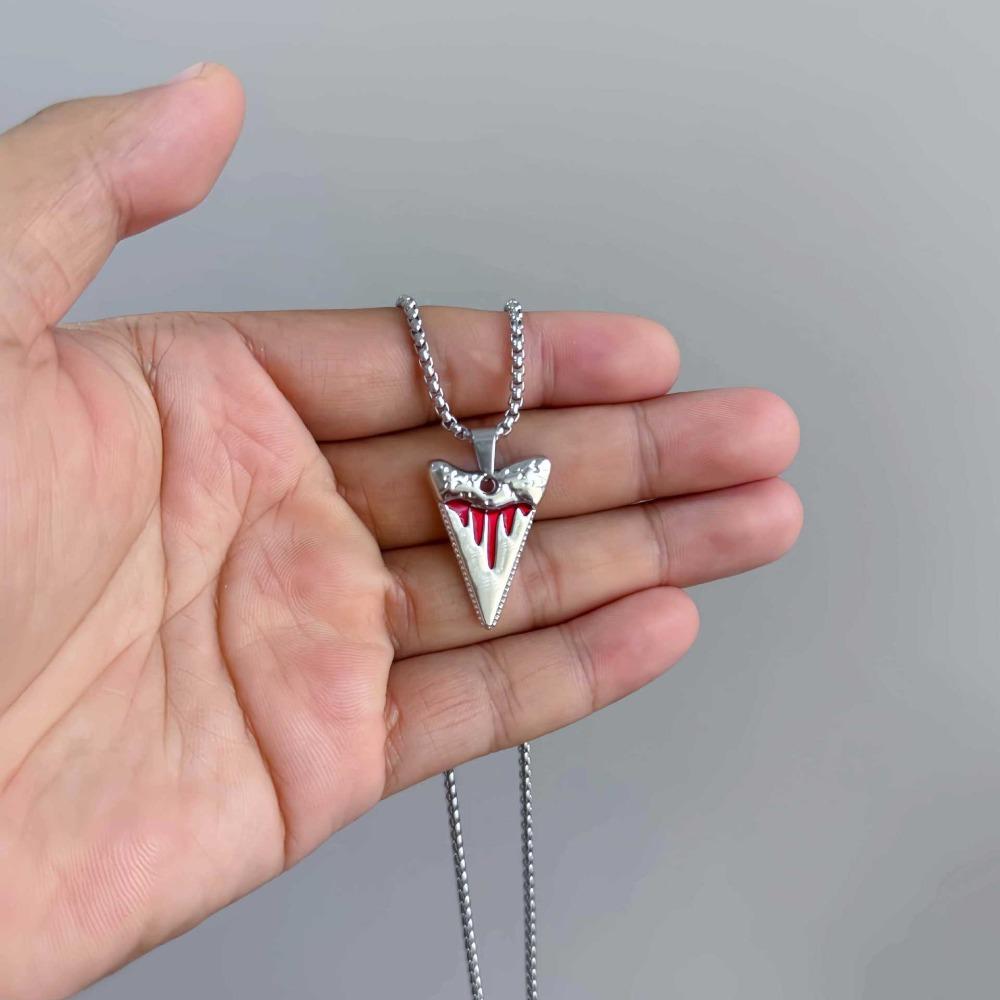 Hip-hop Personality Red Drip Glaze Sliver Color Shark Tooth Pendant Necklace Earrings for Women Men Punk Couples Jewelry Sets