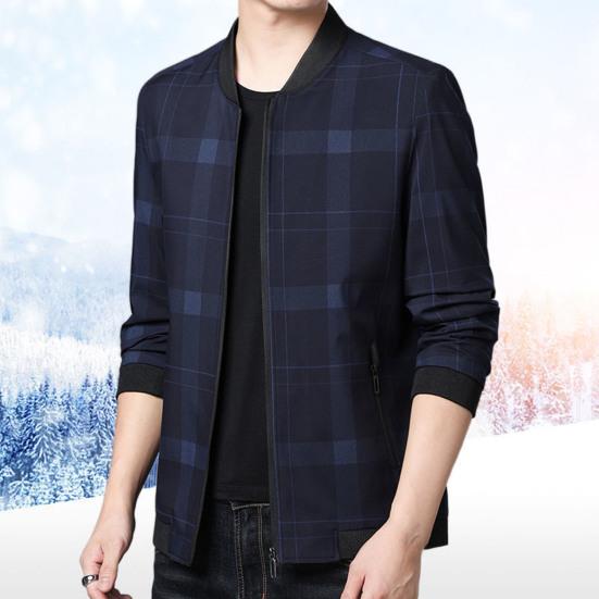 Men Coat Plaid Stand Collar Thin All Match Spring Jacket for Daily Wear