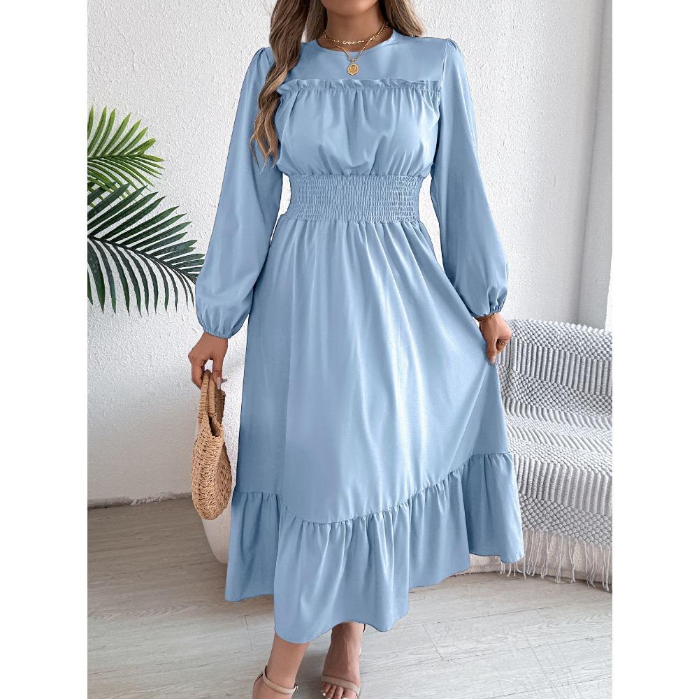 Elegant Solid-color, Black Ear-trimmed, Waist-cinched Pleated Long Dress for Women In Autumn and Winter