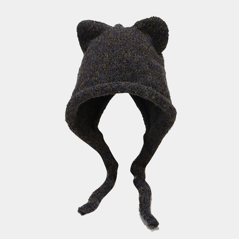 Fashionable Acrylic Knit Hat With Cat Ears And Braid For Cold Weather Outdoor Use Black