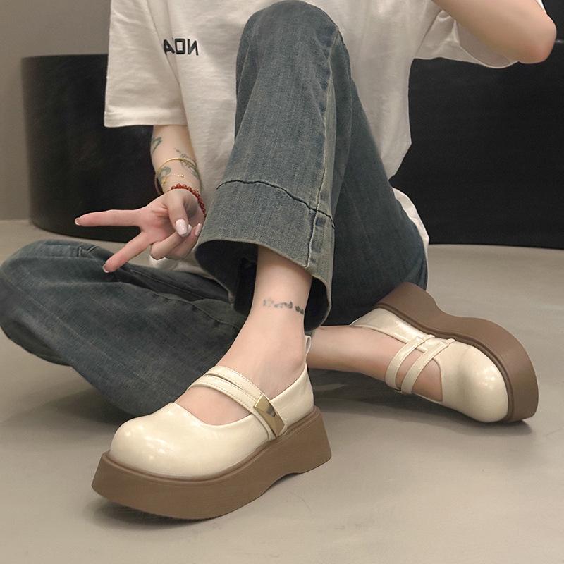 Buckle strap platform Mary Jane shoes women's medium heel Korean version one-word new 2025 spring and autumn British style small leather shoes women