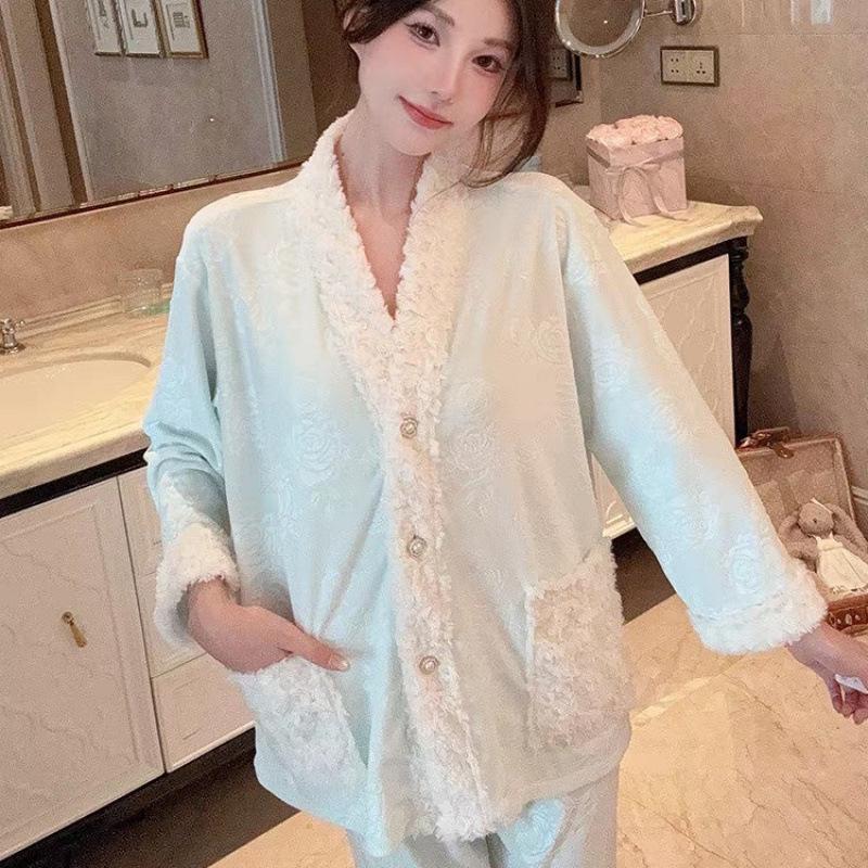 Women's Rose Fleece Pajama Set - Long Sleeve & Pants, Autumn/Winter Style