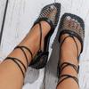 Fashion Women's Large Size Sandals Fall New Square Head Hollow Rhinestone Mesh Fine Strap Flat Shoes