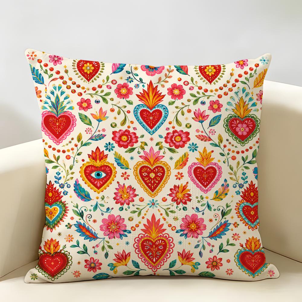 Fashion Art Mexican Milagro Hearts Cushion Cover Durable Hypoallergenic Linen Pillow Cover Short Size Washable SkinFriendly