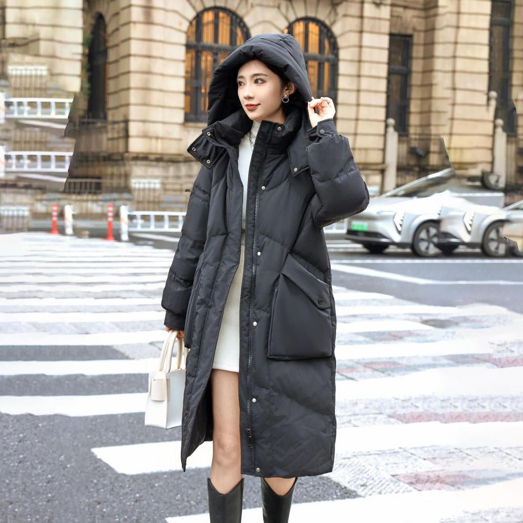 Damen Winter Herbst Kapuzenjacke Weiße Entendaunenjacke Mantel Locker Lang Einfarbig Große Tasche Abnehmbarer Hut Daunenmantel