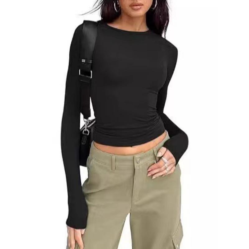 Solid Color Casual Round Neck Long Sleeved T-shirt Top