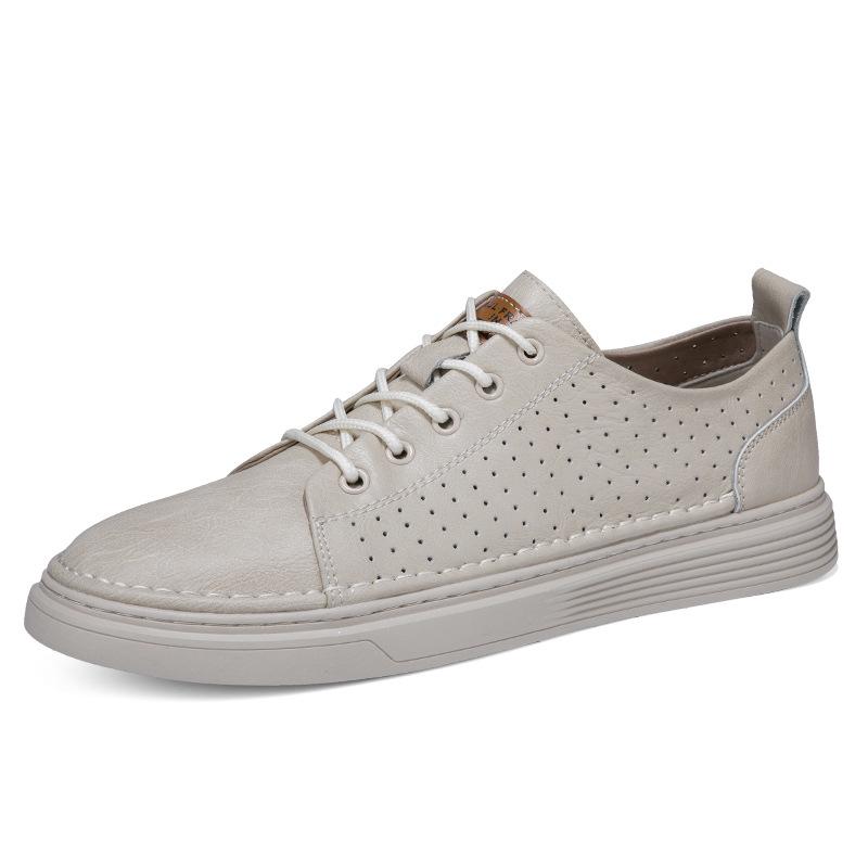 Men s Black Textured Leather Low-Top Casual Shoes - Spring/Autumn Breathable Hollow-Out Sports Style 41