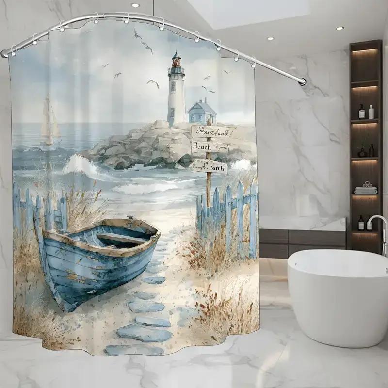 Watercolor Boat And Lighthouse Shower Curtain Beach Path Ocean View Waterproof Bath Decor Rustic Coastal Bathroom Curtains