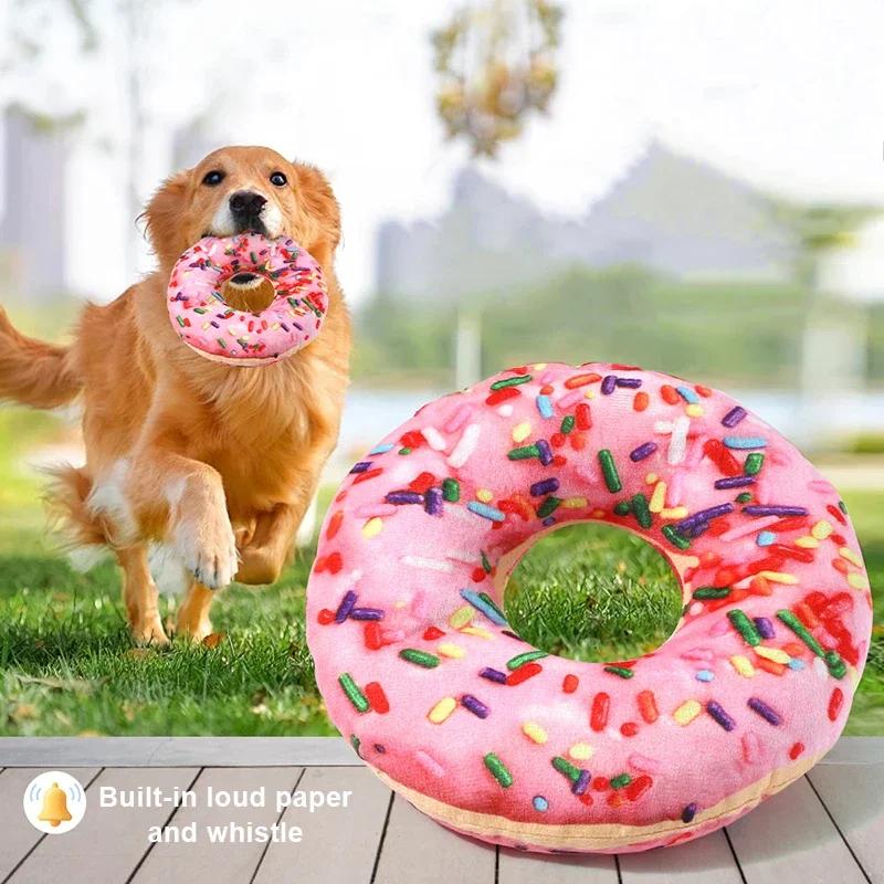 Pet Squeaky Toys Plush Doughnut Pizza Shape Dog Toy Small Medium Large Dogs Cleaning Teeth Toy Puppy Chew Sound Toy Pet Supplies