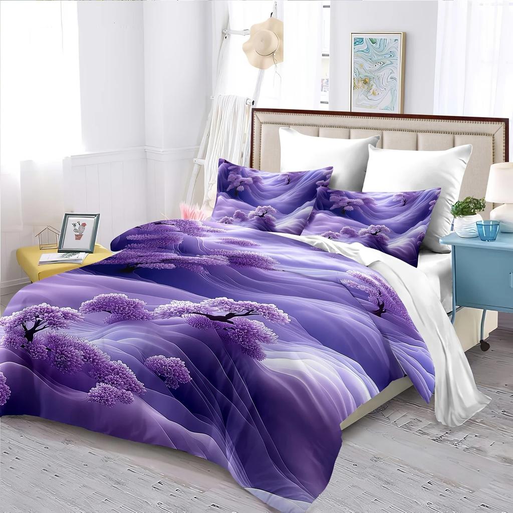 Luksusowa poszewka na kołdrę z fioletowym wzorem kwiatowym, rozmiar Queen King, drukowana cyfrowo 3D, pościel, miękka i wygodna, zestaw 3-częściowy