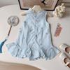 Girls Summer Chinese Embroidered Floral Vest Dress with Ruffled Hem Qipao Cheongsam Dress for Kids