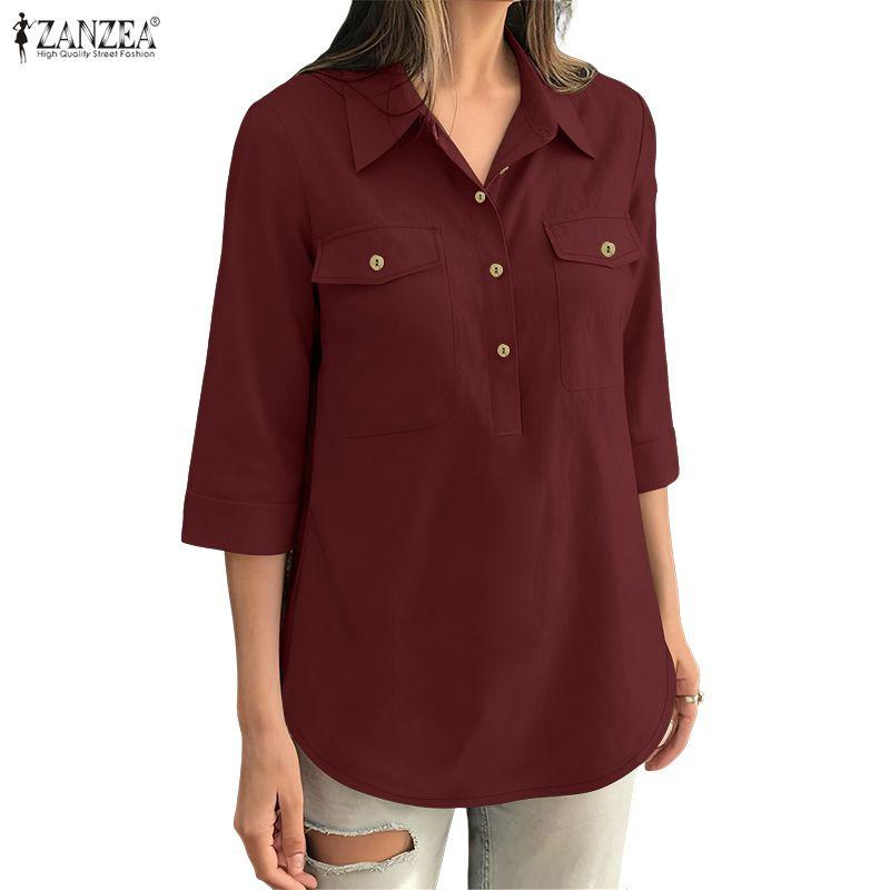 ZANZEA Women Casual Turn Down Collar 3/4 Sleeve Loose Blouse