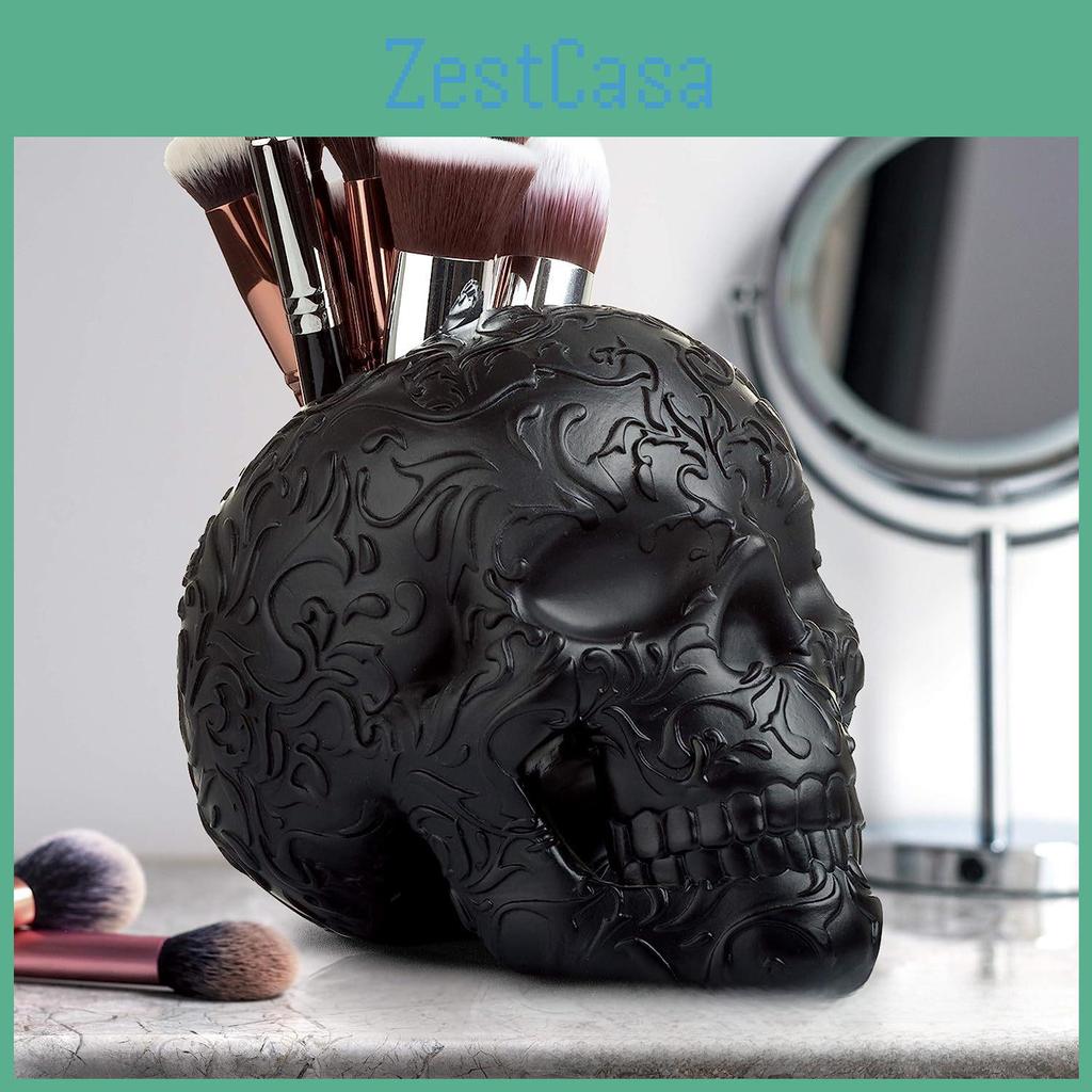 Unique Black Skull Makeup Brush Holder Decorative Resin Craft For Halloween Home Dcor