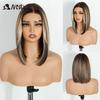 Noble Synthetic Lace Front Wigs For Women 12 Inch Pre Plucked Pre-Cut Ombre Brown Blonde Straight Layered Bob Wig Cosplay Wig