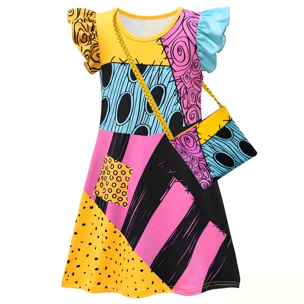 Girls Sally Cosplay Dress The Nightmare Before Christmas Print Gothic Outfit Halloween Carnival Fancy Stage Party Horror Costume