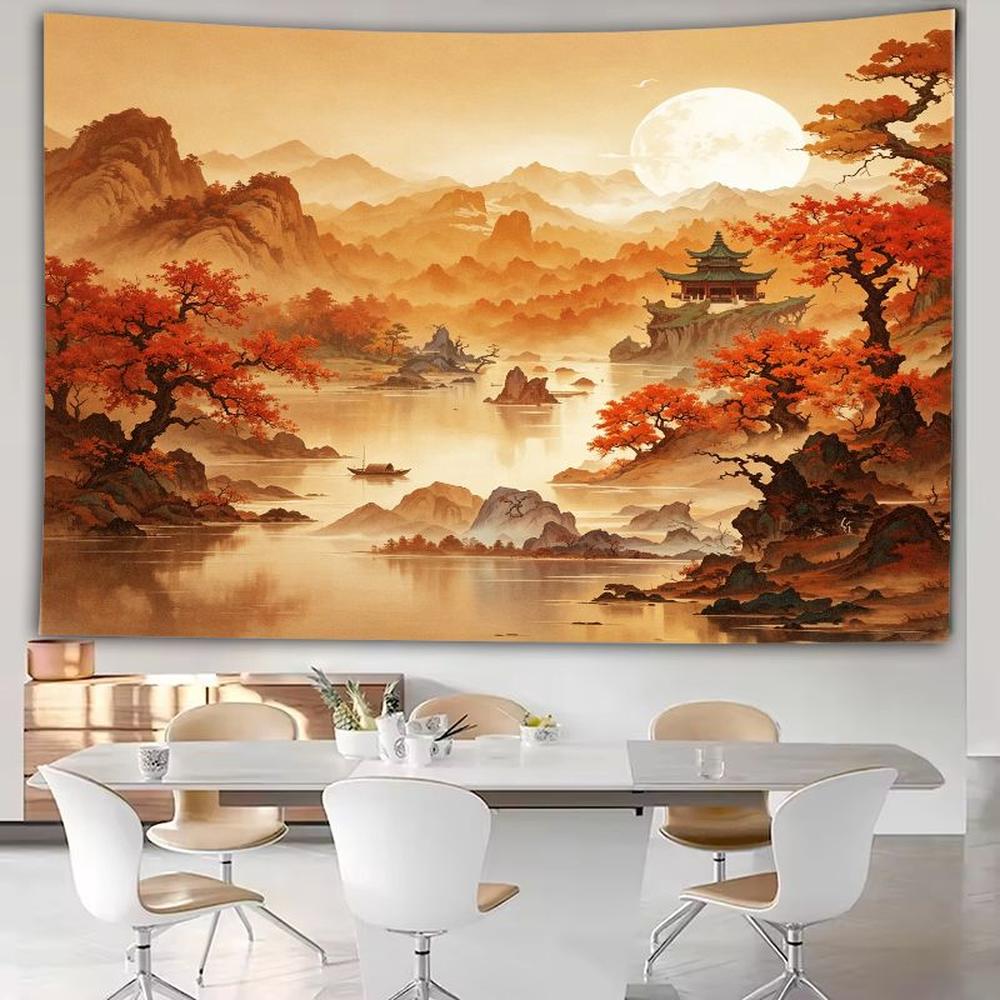 Autumn Palace Tapestry, Chinese Temple Maple Trees Full Moon Lake Reflection Wall Art